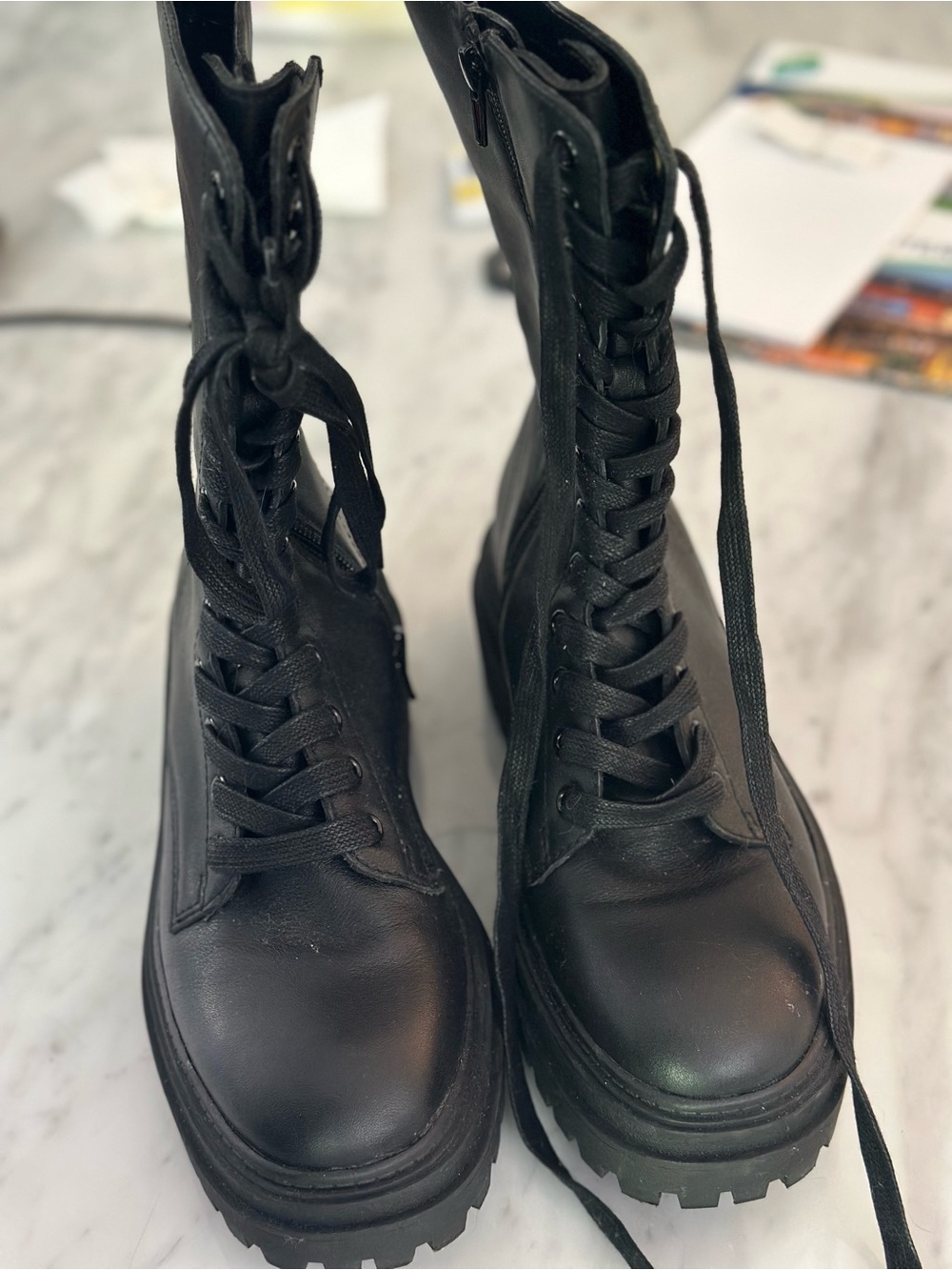 Aqua Black Combat Moto Boots - Lace-Up Platform